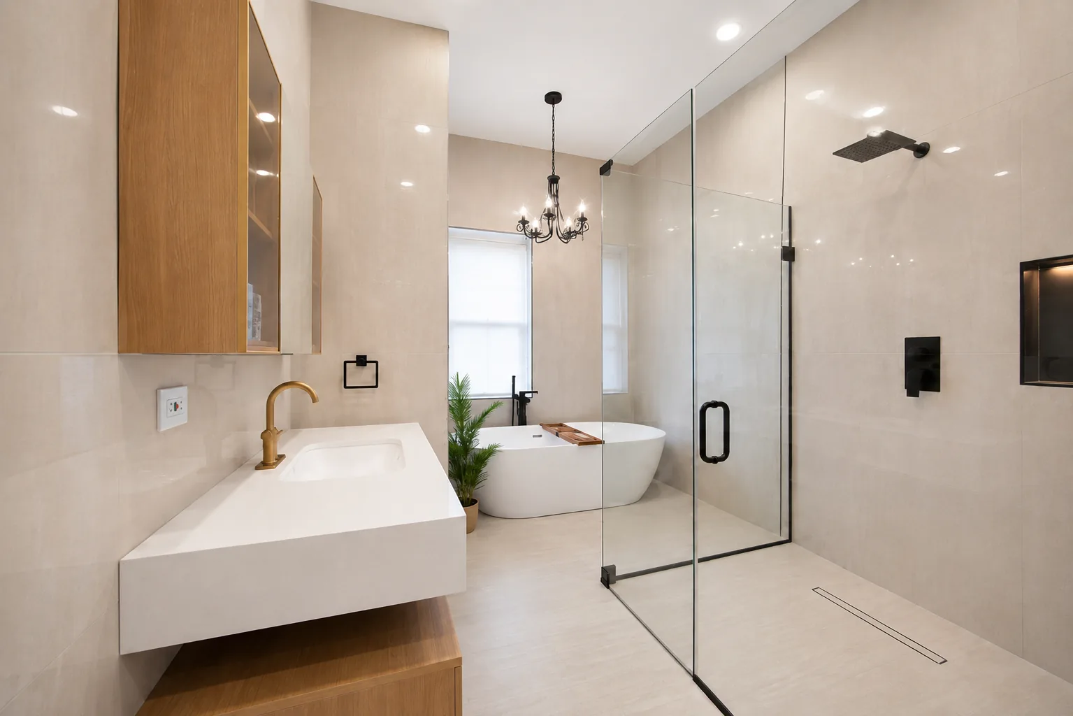 A finished bathroom faced floor to ceiling in large format polished stone, with a floating vanity, a freestanding oval tub and a frameless glass shower